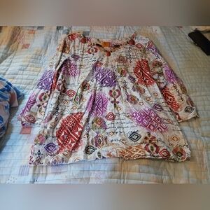 Ruby Rd. White Tunic Top with Purple and Orange Geometric Print